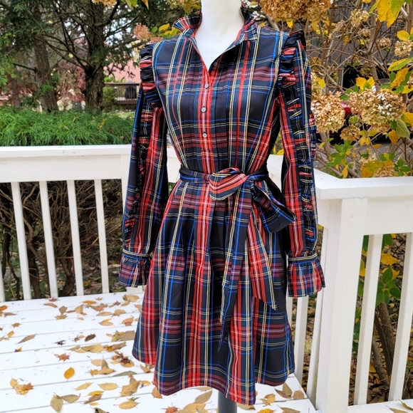 New! J Crew sz M Belted Ruffle Black Tartan Plaid Christmas Dress NWT - Picture 6 of 16